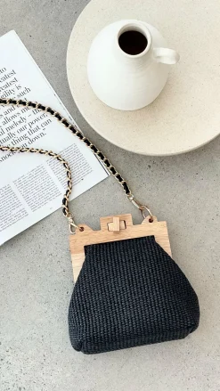 Abby Timber Frame Woven Mini Bag - Black