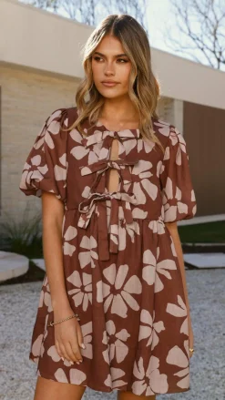 Arana Mini Dress - Brown Daylillies