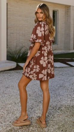 Arana Mini Dress - Brown Daylillies