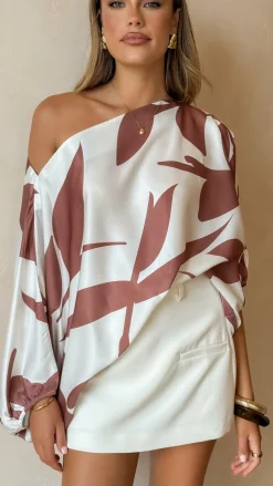Bailey Off Shoulder Top - White / Brown