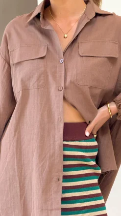 Bianca Oversized Button Up Shirt - Brown