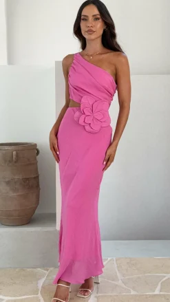 Bloom One Shoulder Cut Out Maxi Dress - Hot Pink
