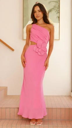 Bloom One Shoulder Cut Out Maxi Dress - Hot Pink