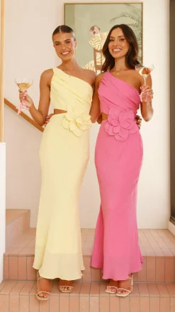 Bloom One Shoulder Cut Out Maxi Dress - Yellow