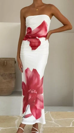 Brittani Strapless Maxi Dress - White/Red