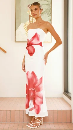Brittani Strapless Maxi Dress - White/Red