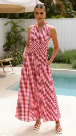 Brydie Halter Maxi Dress - Gingham Red