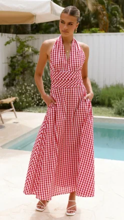 Brydie Halter Maxi Dress - Gingham Red