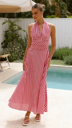 Brydie Halter Maxi Dress - Gingham Red