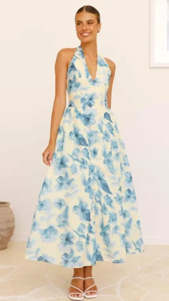Bryony Halter Neck Maxi Dress - Yellow/Blue Floral