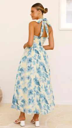 Bryony Halter Neck Maxi Dress - Yellow/Blue Floral