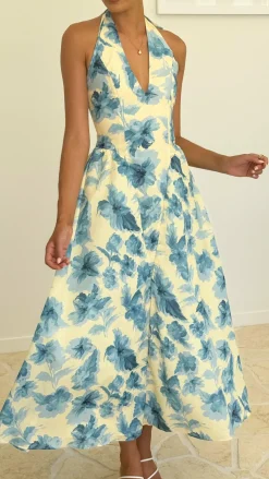 Bryony Halter Neck Maxi Dress - Yellow/Blue Floral