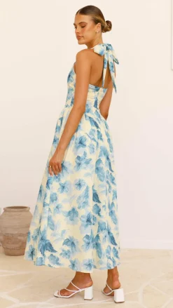 Bryony Halter Neck Maxi Dress - Yellow/Blue Floral