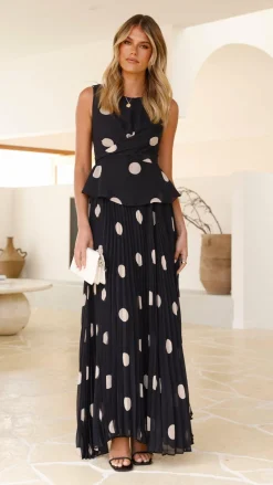 Cambree Peplum Top and Maxi Skirt Set - Black / Beige Polka Dot