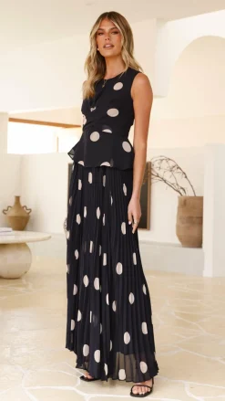 Cambree Peplum Top and Maxi Skirt Set - Black / Beige Polka Dot
