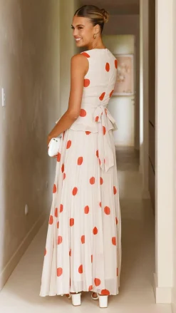 Cambree Peplum Top and Maxi Skirt Set - Beige / Red Polka Dot