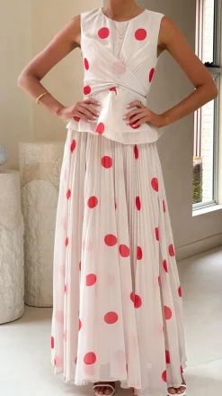 Cambree Peplum Top and Maxi Skirt Set - Beige / Red Polka Dot
