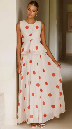 Cambree Peplum Top and Maxi Skirt Set - Beige / Red Polka Dot