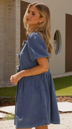 Cantara Tie Front Mini Dress - Mid Blue Denim