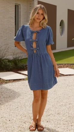Cantara Tie Front Mini Dress - Mid Blue Denim