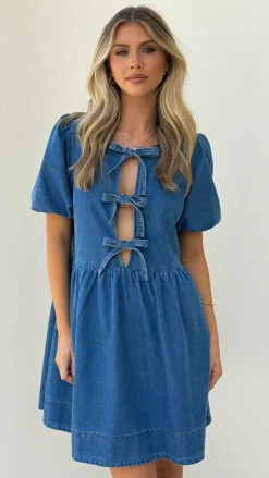 Cantara Tie Front Mini Dress - Mid Blue Denim