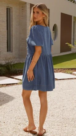 Cantara Tie Front Mini Dress - Mid Blue Denim