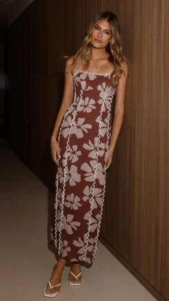 Carlia Midi Dress - Brown Daylillies