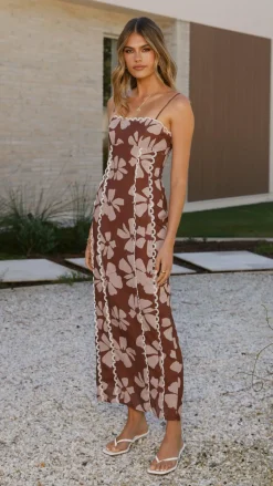 Carlia Midi Dress - Brown Daylillies