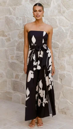 Carson Front Split Strapless Jumpsuit - Black Floral