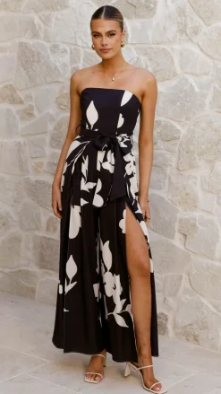 Carson Front Split Strapless Jumpsuit - Black Floral