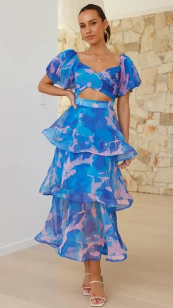 Casey Maxi Dress - Blue / Pink Print