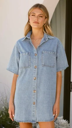 Chaney Button Up Mini Dress - Medium Denim