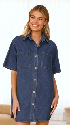 Chaney Button Up Mini Dress - Dark Denim