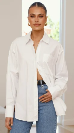 Charla Button Up Poplin Top - White