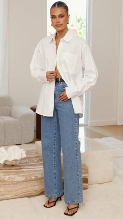 Charla Button Up Poplin Top - White