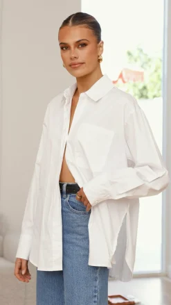 Charla Button Up Poplin Top - White