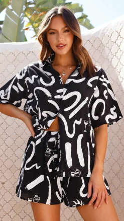 Charli Button Up Shirt and Shorts Set - Black/White