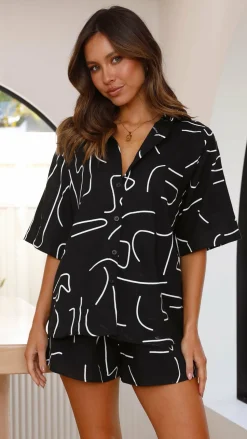 Charli Button Up Shirt and Shorts Set - Black Swirl