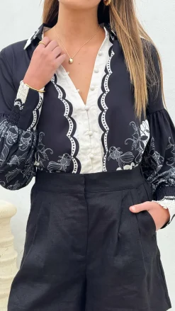 Dakota Long Sleeve Blouse - Cream/Black