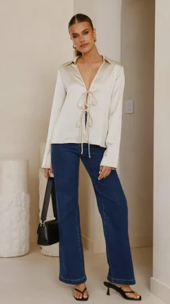 Darielle Tie Front Long Sleeve Top - Champagne