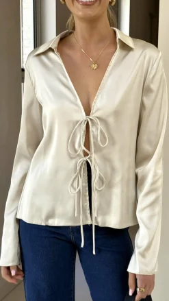 Darielle Tie Front Long Sleeve Top - Champagne