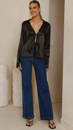 Darielle Tie Front Long Sleeve Top - Black