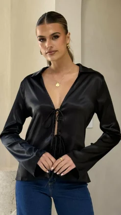 Darielle Tie Front Long Sleeve Top - Black