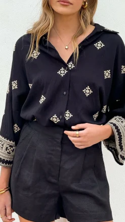 Deni Button Up Shirt - Black/Beige
