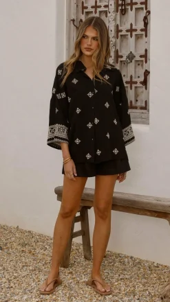 Deni Button Up Shirt - Black/Beige