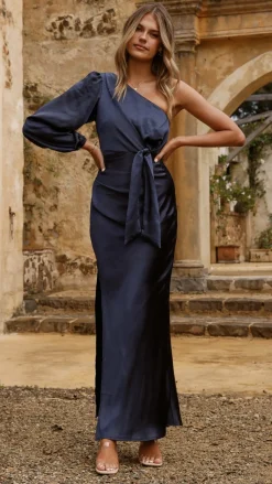Eden One Shoulder Tie Front Maxi Dress - Navy