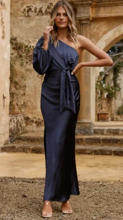 Eden One Shoulder Tie Front Maxi Dress - Navy