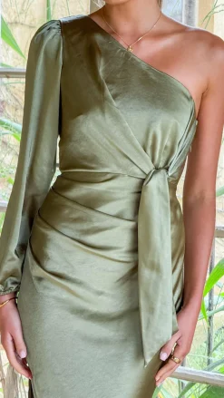 Eden One Shoulder Tie Front Maxi Dress - Olive