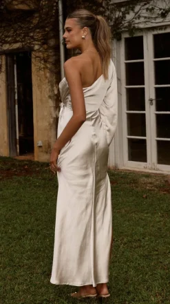 Eden One Shoulder Tie Front Maxi Dress - Champagne