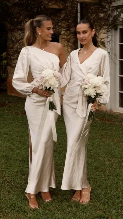 Eden One Shoulder Tie Front Maxi Dress - Champagne